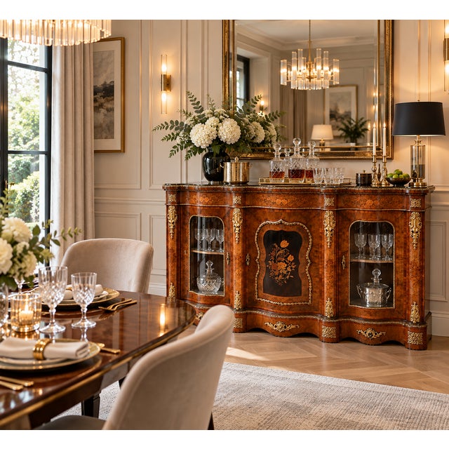 An exceptional antique Victorian burr walnut marquetry credenza cabinet sideboard of outstanding quality, featuring a...