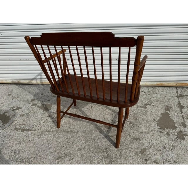 Antique Pine Spindle Back Windsor Style Bench With Arms For Sale - Image 4 of 9