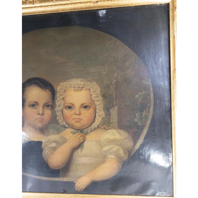 American Folk Art Americana Portrait Painting of Brother and Sister For Sale - Image 4 of 12