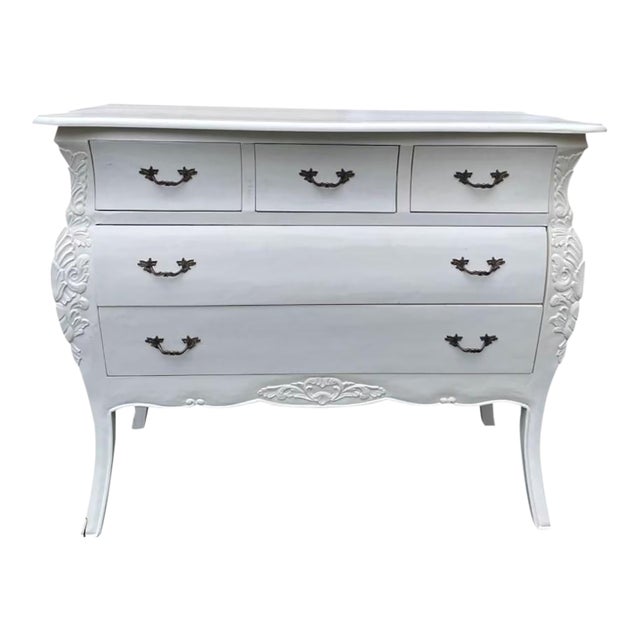 Shabby Chic French Country 5-Drawer White Bombay Chest For Sale