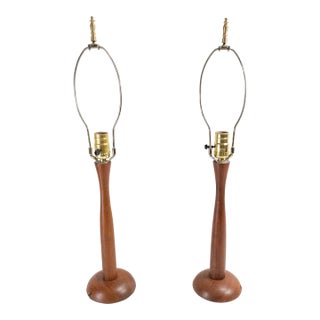 Mid-Century Danish Modern Pair of Carved Teak Wood Table Lamps For Sale