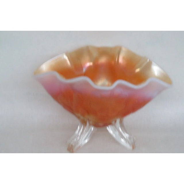 Dugan Style Marigold Carnival Glass Floral Footed Candy Dish Serving Bowl For Sale - Image 4 of 13