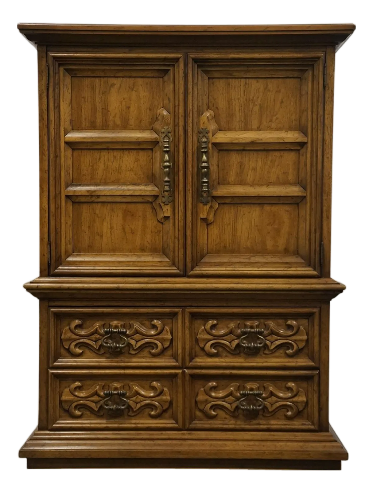 Front view of a wooden door chest with two doors and three drawers.