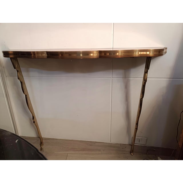 1940s Brass Wall-Mounted Console Table with Pink Glass Top, Italy, 1940s For Sale - Image 5 of 12