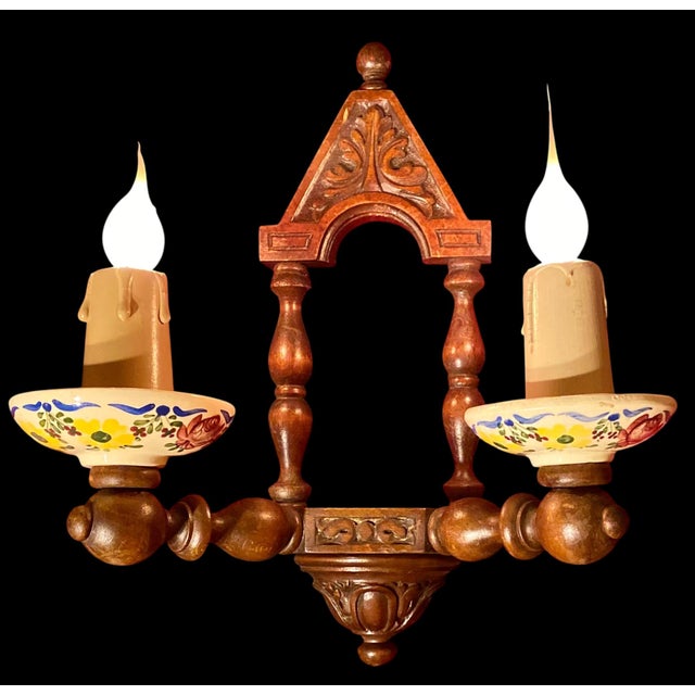 1910s Antique French Carved Walnut and Hand Painted Faience Wall Sconce C 1915 For Sale - Image 5 of 13