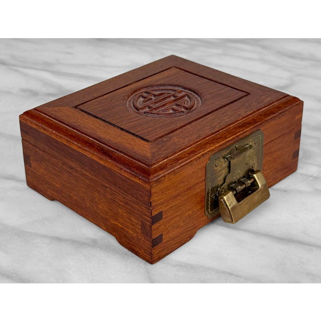 Vintage Chinese Chinoiserie Rosewood Storage Jewelry Box W/ Brass Lock For Sale - Image 6 of 13