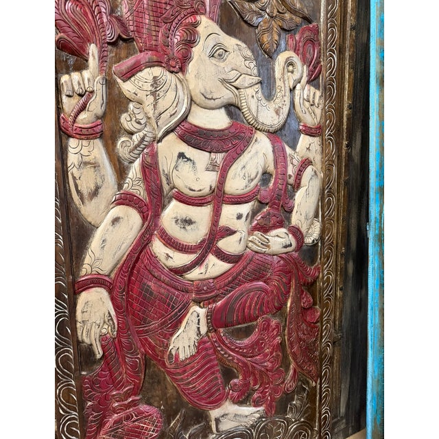 Vintage Carved Blessing Ganesha Wall Art Sculpture – Handcrafted Indian Wooden Barn Door 83x36 For Sale In Orlando - Image 6 of 7