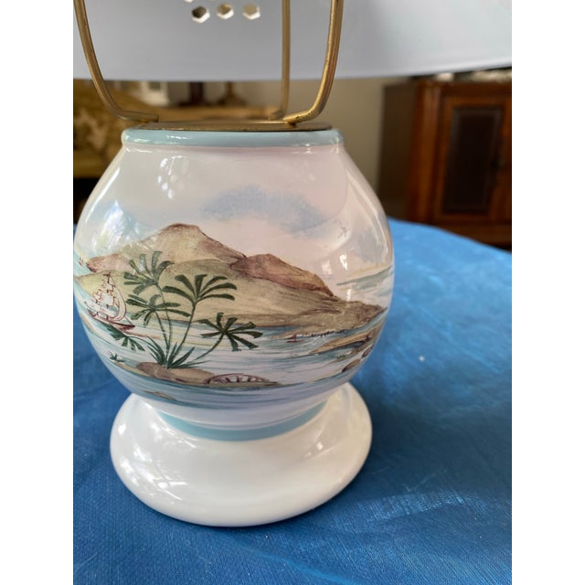 Vintage Lenox British Colonial Scenic Candle Lamp Featuring a Pierced Pineapple Shade and a Hand-Painted Tropical Coastal Scene on the Base For Sale - Image 9 of 9
