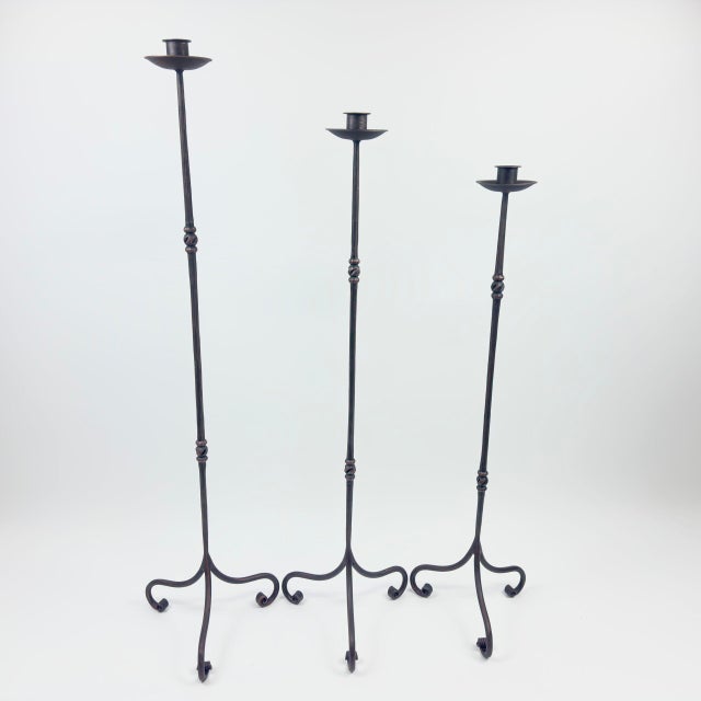 Metal Hand Forged Iron Candelabra Set of 3 (92-112cm) Antique Copper Finish Slender Stem with French Scroll Base For Sale - Image 7 of 7