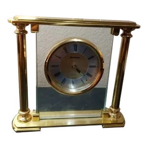 1980s Benchmark Brass & Glass Wide Mantle/Desk Clock
