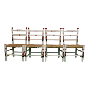 Set of 4 Children's Wooden Chairs With Wicker Seats and Hand Painted British King's Guards Provenance: The Susie Hilfiger Collection