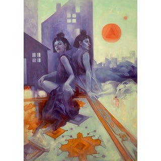Paper City by Alla Bartoshchuk | Oil Painting of two women with animals in an urban setting For Sale