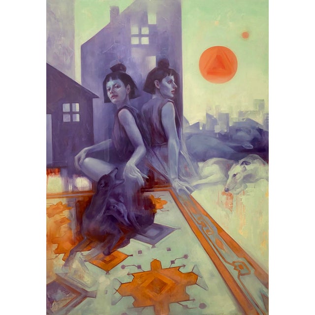Paper City by Alla Bartoshchuk | Oil Painting of two women with animals in an urban setting For Sale