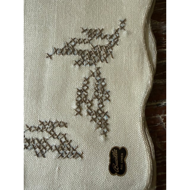 Vintage Mid Century Modern Bucilla All Linen Luncheon Napkins, Drawn Thread Embroidery, Scalloped Edges - Set of Four For Sale In Chicago - Image 6 of 10