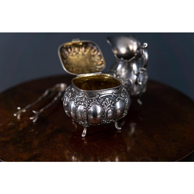 Baroque Milk Jug, Sugar Bowl and Tongs in Silver, Set of 3 For Sale - Image 3 of 12