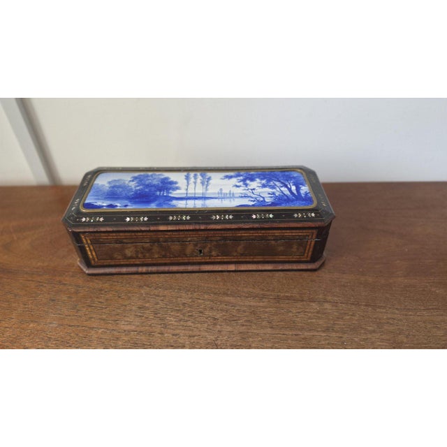 Victorian Antique Victorian Jewelry Box Blue Porcelain Landscape Inlay Mother of Pearl Marquetry Wood Trinket Casket For Sale - Image 3 of 14
