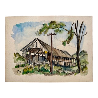 Henry Emil Salloch Original Watercolor on Paper Old Rustic Barn, 1949. For Sale