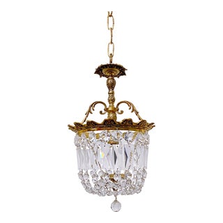 1920s Bronze Crystal Basket Pendant Light For Sale