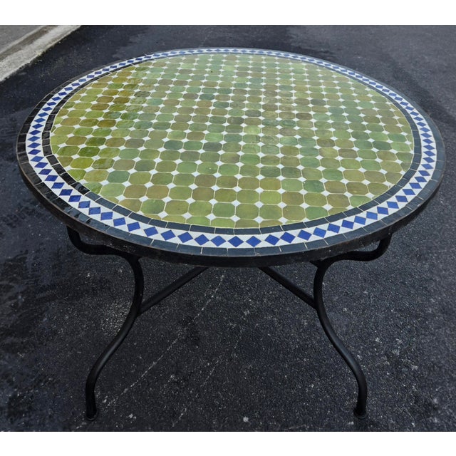 Moroccan 48" Handcrafted Olive Green, Blue, Black and White Moroccan Mosaic Table For Sale - Image 3 of 7