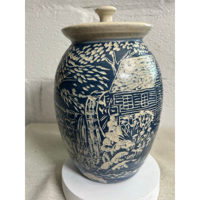Blue 1988 Turn & Burn Seagrove Nc Hand-Carved Blue Stoneware Covered Jar For Sale - Image 8 of 11