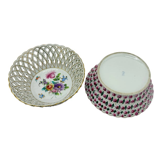 Pair, Fine Dresden Porcelain Reticulated Pierced Rose Bud Baskets C. 1910 For Sale