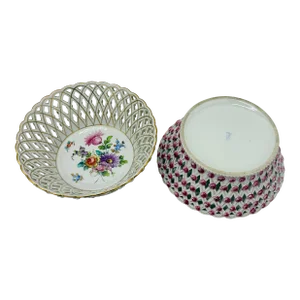 Pair, Fine Dresden Porcelain Reticulated Pierced Rose Bud Baskets C. 1910