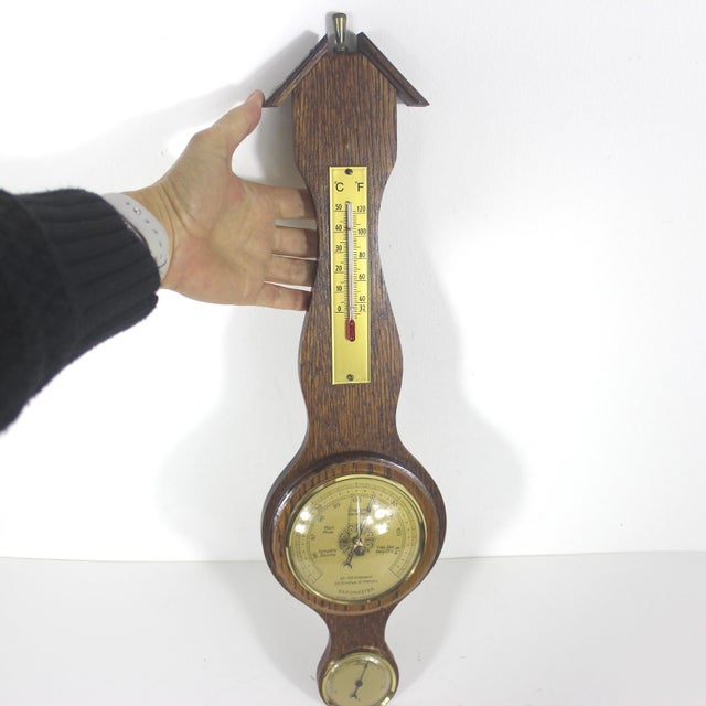 Vintage French Wall Barometer, Made of Wood, Brass and Glass, France For Sale - Image 9 of 11