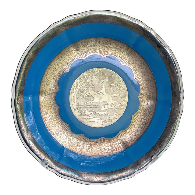 Rare ‘Fox-Hunting Scene' Embossed in a Silver Overlay on an Antique 1920s Bavarian Mitterteich Footed Porcelain Plate For Sale
