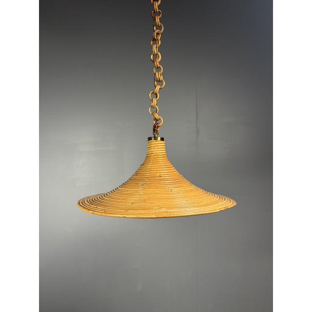 Mid-Century Modern Italian Witch Hat Pencil Reed Rattan Bamboo and Brass Pendant Lamp, 1970s For Sale - Image 11 of 12