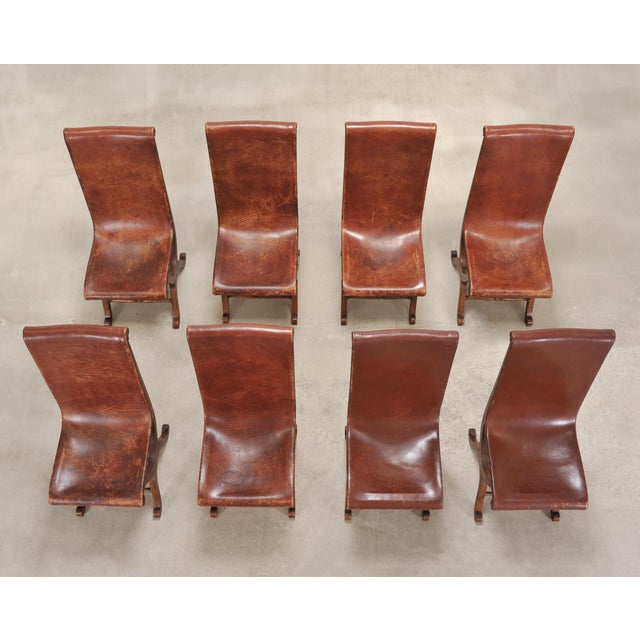 Set of Eight French Provincial Leather Oak Curule Dining Chairs For Sale - Image 4 of 18