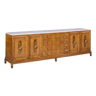 Renzo Rutili for Johnson Furniture Mid Century Walnut, Brass and Marble Credenza For Sale