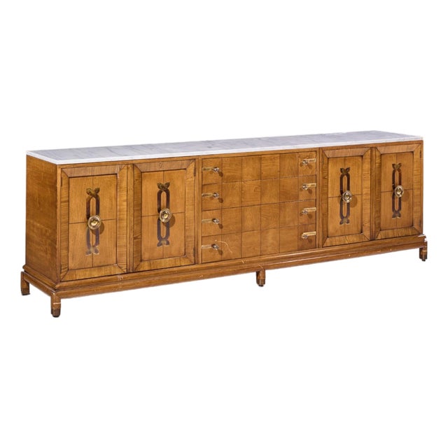 Renzo Rutili for Johnson Furniture Mid Century Walnut, Brass and Marble Credenza For Sale
