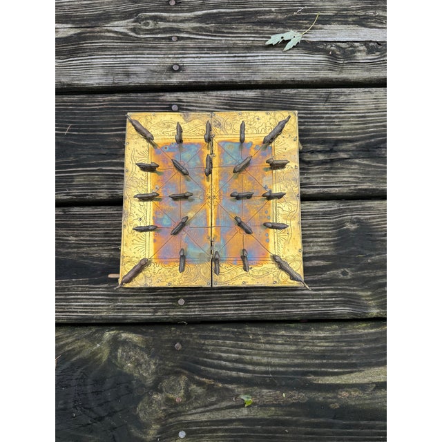 Vintage Nepalese Bagh Chal, Tigers & Goats Brass Board Game. The National game of Nepal. Pieces are stored inside the...