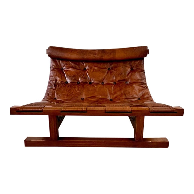 Vintage Dutch Brutalist Solid Wood and Leather Sofa For Sale