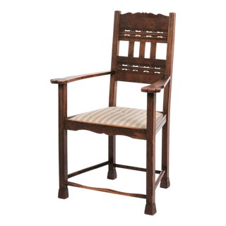 Antique Armchair in Oak with Striped Upholstery, 1930s For Sale