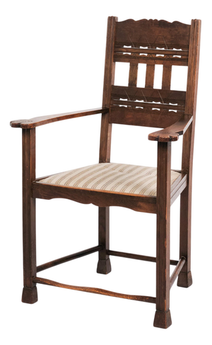 Antique Armchair in Oak with Striped Upholstery, 1930s