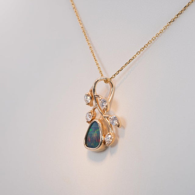 2020s Boulder Opal Pendant With Earth-Mined Diamond Accents in Solid 14k Gold, 8x3mm For Sale - Image 5 of 7