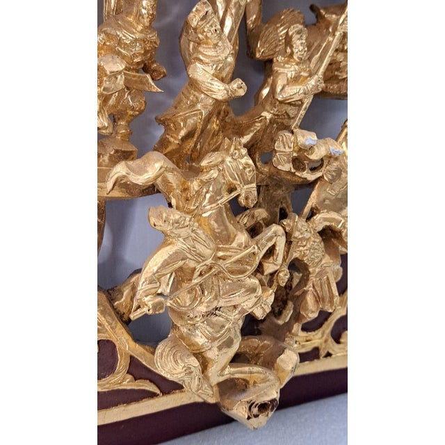 Gold Vintage Chinese Gilt Lacquer Wood Wall Panel Deep Carving Warriors Battle Scene For Sale - Image 8 of 11