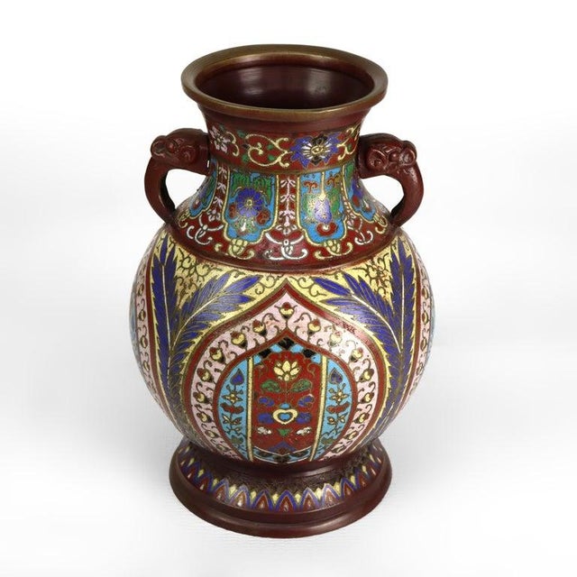 Japanese Antique Japanese Cloisonne Enameled Double Handle Bronze Vase C1900 For Sale - Image 3 of 7