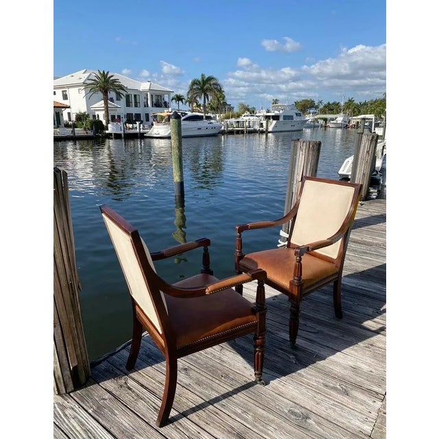 Polo Ralph Lauren Classic Vintage Carved Wood Accents Arm Chairs With Traditional Cognac Leather Seats - A Pair For Sale In Miami - Image 6 of 11