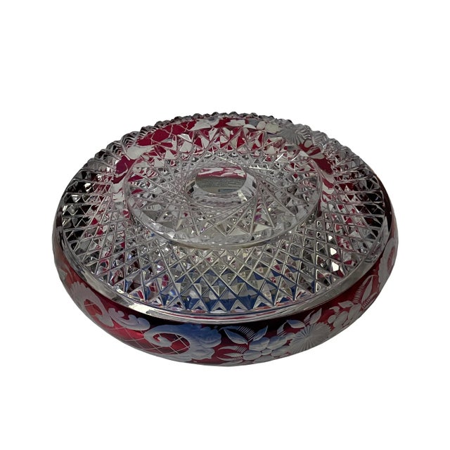 Classic Vintage Round Red Flower Motif Glass Flat Bowl Display For Sale - Image 4 of 7
