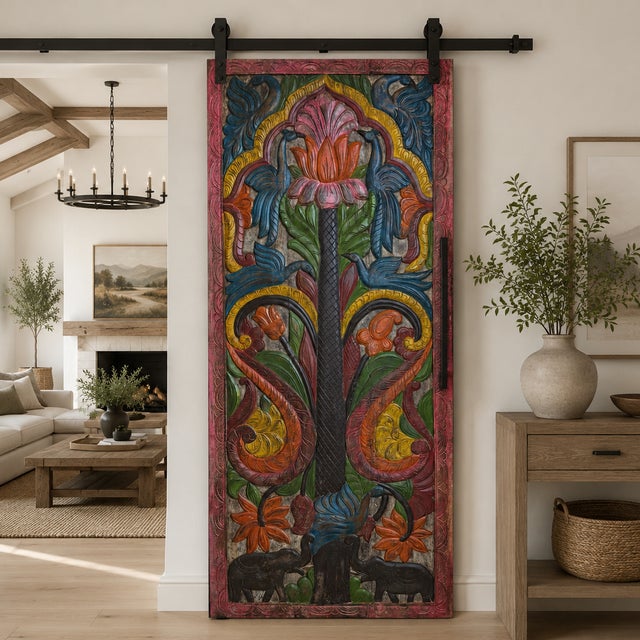 1920s Hand-Painted Lotus Tree of Life Carved Wood Panel – Vintage Indian Barn Door Wall Art 84x36 For Sale - Image 5 of 5