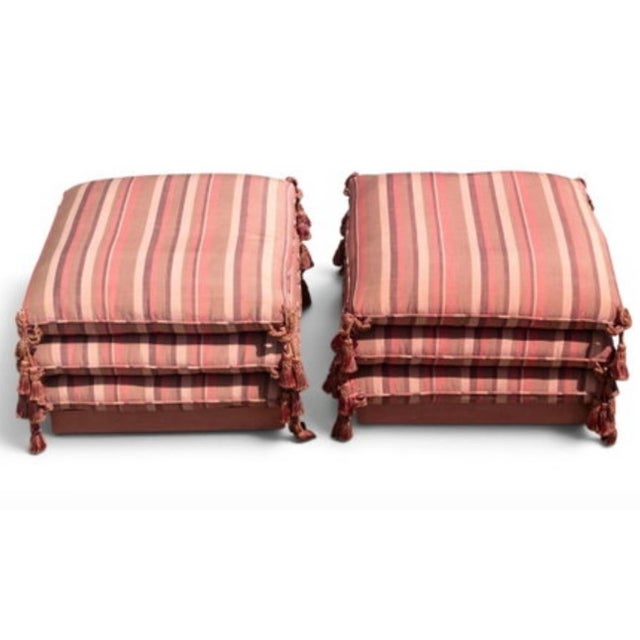 This is a highly-versatile pair of stacked cushion ottomans, custom upholstered in a thick striped fabric. These were no...