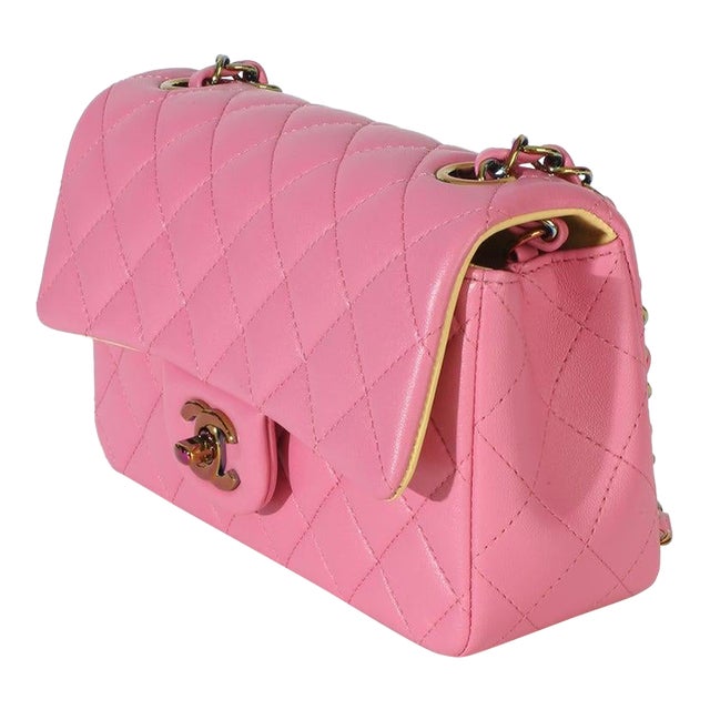 Pink Quilted Lambskin Rainbow Mini Rectangular Flap Bag For Sale