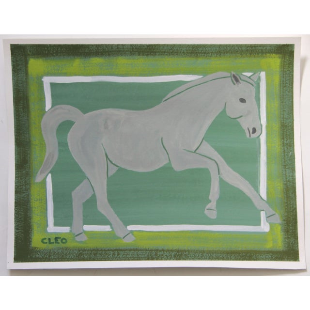 Painting of a Horse in muted shades of green, beige, grey, antique white with multiple borders. This coordinates well with...