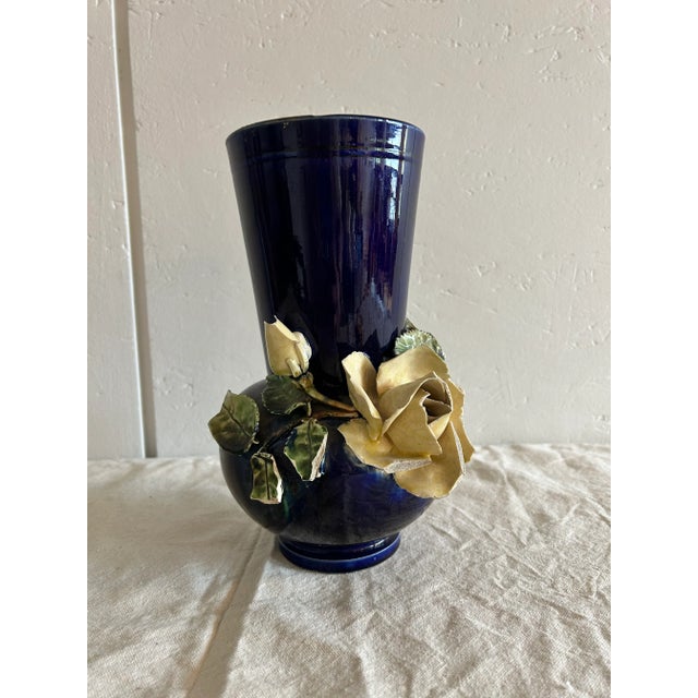 Antique French Barbotine Majolica Vase Applied Rose Vase For Sale - Image 4 of 9
