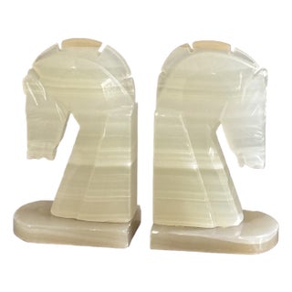 1960s Carved Onyx Horse Head Bookends - A Pair For Sale