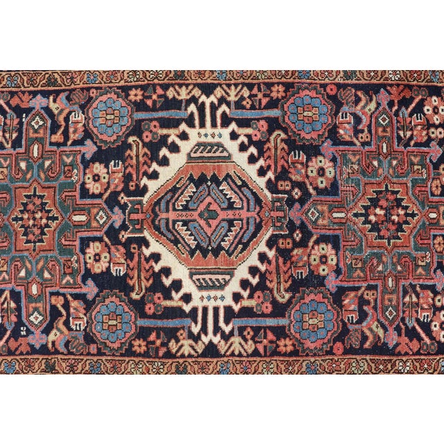 Antique Persian Heriz With Medallion Design in Ivory, Dark Blue & Jewel Tones For Sale In Atlanta - Image 6 of 9