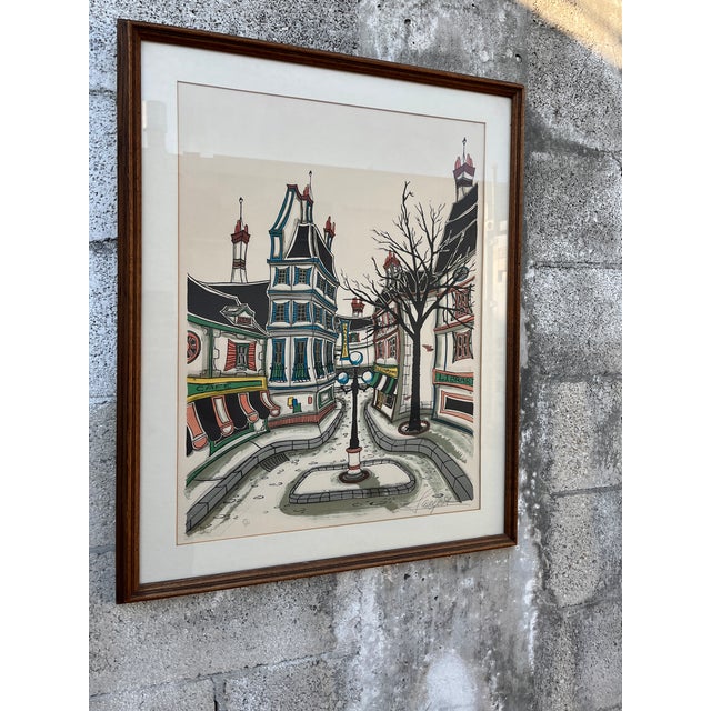 Vintage 1970s "City Street" Lithography, Framed, Pencil Numbered and Signed Jacquest, pseudonym of American Artist Tom...