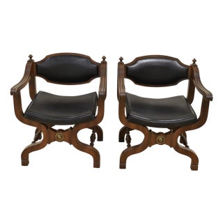 1940s Savonarola Renaissance Revival Style Leather Chairs-Pair For Sale